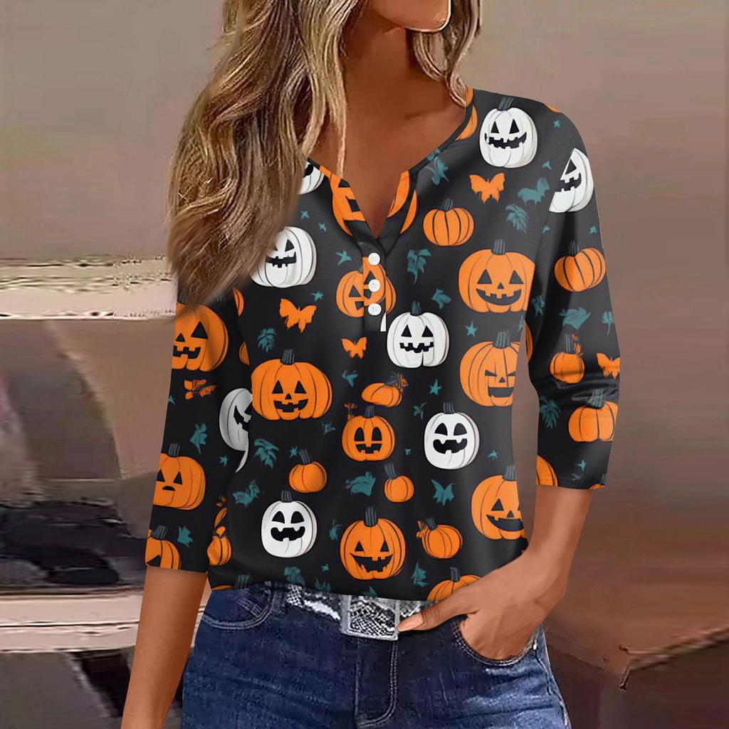 Dámské tričko Halloween potisk knoflík 3/4 rukáv tunika denní víkendová móda základní V-výstřih běžný top
