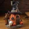 Halloween Witch House Statue with LED Light Magical House Resin Figurine Sculpture Home Office Desktop Decoration Ornament