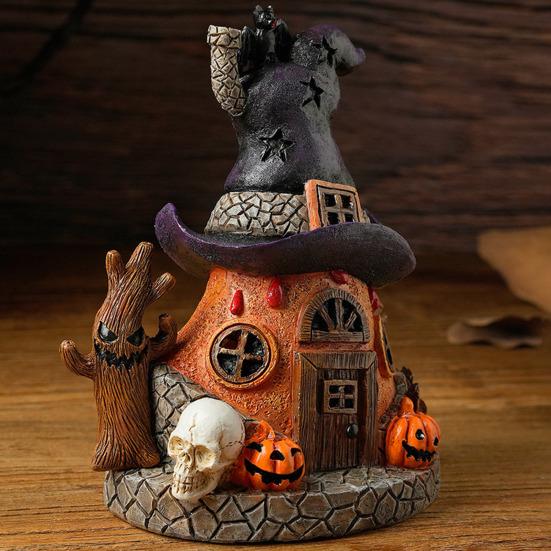 Halloweenská socha čarodějnického domu s LED světlem Magický dům Pryskyřičná figurka Socha Ozdoba pro domácí kancelář Stolní dekorace