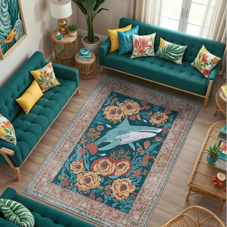Žraločí koberec do oceánu Podvodní design Velkého bílého Žraloka Dekorace domu Obývací pokoj Ložnice Design s vintage vzorem Protiskluzové Odolné koberce