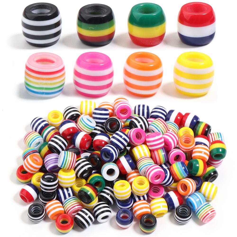 50pcs/lot Barrel Shape Rainbow Striped Resin Beads Big Hole Spacer Beads DIY Bracelet Necklace Jewelry Making Accessories