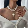Pearls Crosses Necklace for Women Elegant Gold Layer Choker with Statement Pendant and Buckles Chain Adjustable