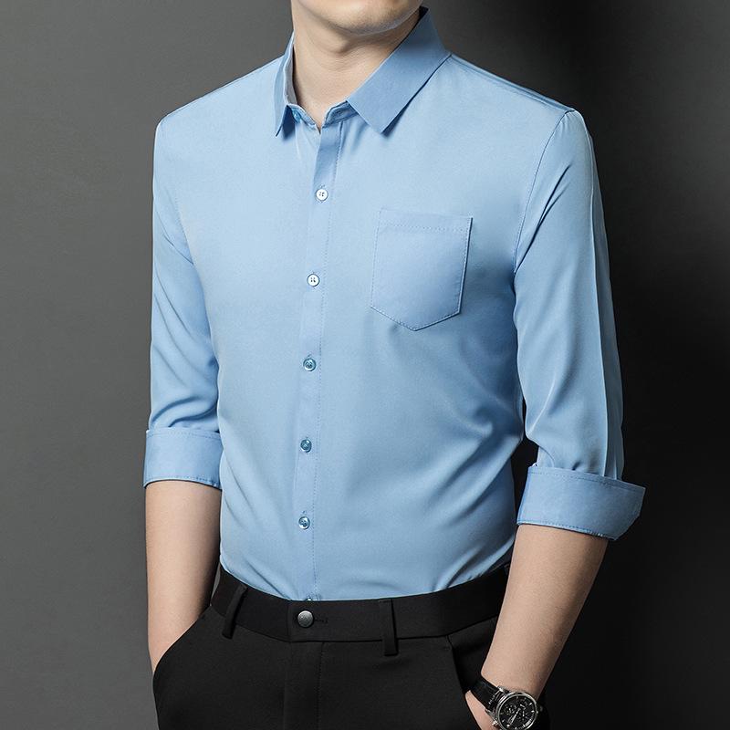 

Мужская деловая рубашка кэжуал с длинным рукавом, не требующая глажки, с карманом, 2025 L светло-синий