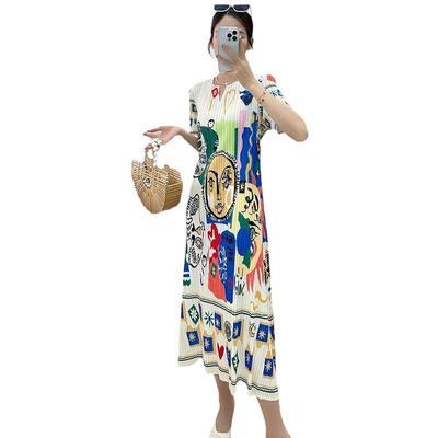 Vestido de verão de comprimento médio para mulheres com temperamento de manga curta, plissado solto estampado