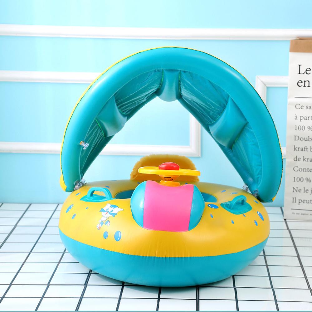 Baby Swim Ring with Sunshade, Toddler Inflatable Boat Float with Steering Wheel
