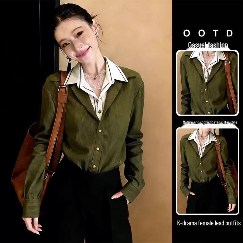 

2026 New Spring/Autumn Green Hong Kong-Style Layered Look Women s Long Sleeve Shirt with Lapel Design L