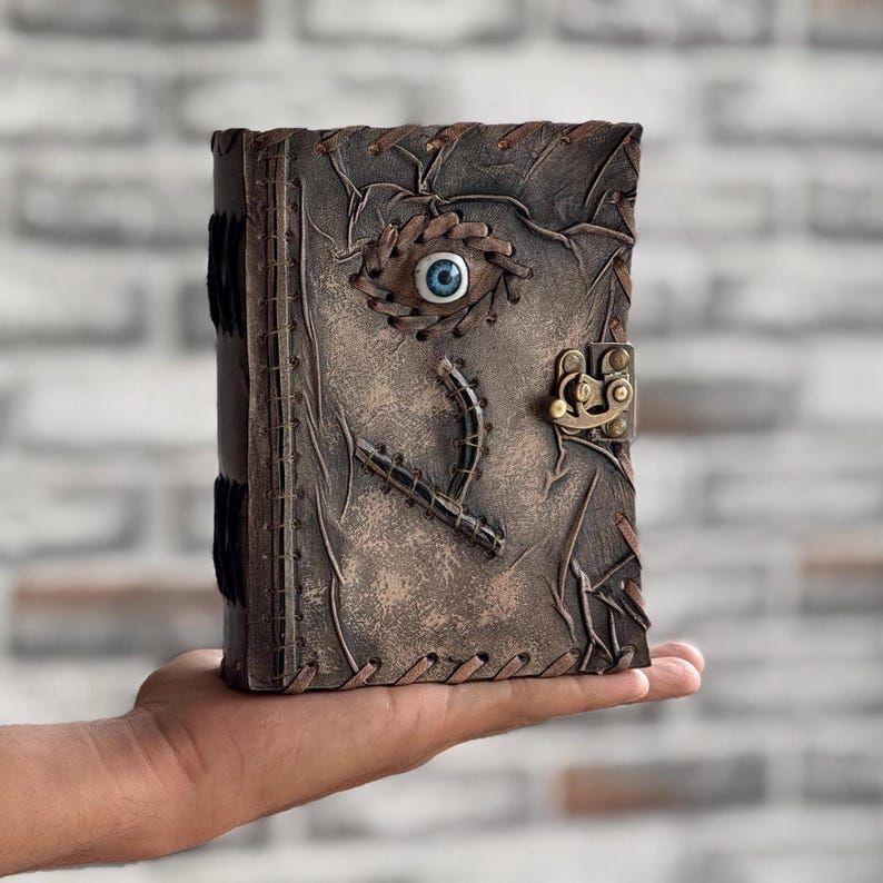 Handmade Leather Spellbook Journal - 7x5 Inch Fantasy Notebook with Eye Design, , Gothic Horror Grimoire, Evil Eye, Halloween