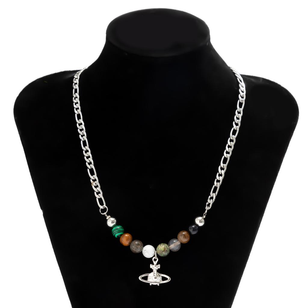 Stainless Steel Planet Necklace for Men, Hip-Hop Niche Design, Simple Beaded Collarbone Chain for Men