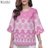 ZANZEA Damen Ethnischer Druck Lässig Rundhals 3/4-Ärmel Lockere Bluse