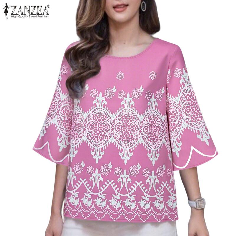 ZANZEA Damen Ethnischer Druck Lässig Rundhals 3/4-Ärmel Lockere Bluse