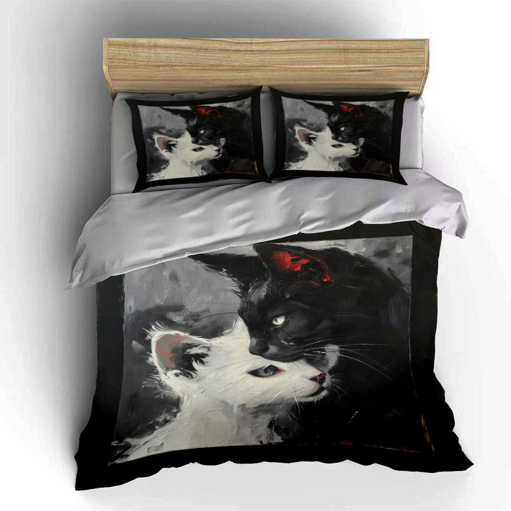 Abstract White And Black Cat Art Set Soft Comfortable Duvet Cover Bedding Set Included 1*Duvet Cover & 2*Pillowcases, Gift