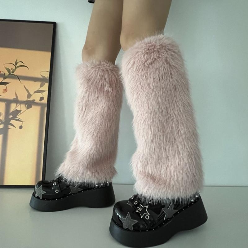 Flauschige Kunstpelz Beinwärmer Pelz Fersen Lange Stiefel Manschetten Abdeckung Hat Elastisch Ein Paar Karneval Stiefelabdeckung Y2K JK Uniform
