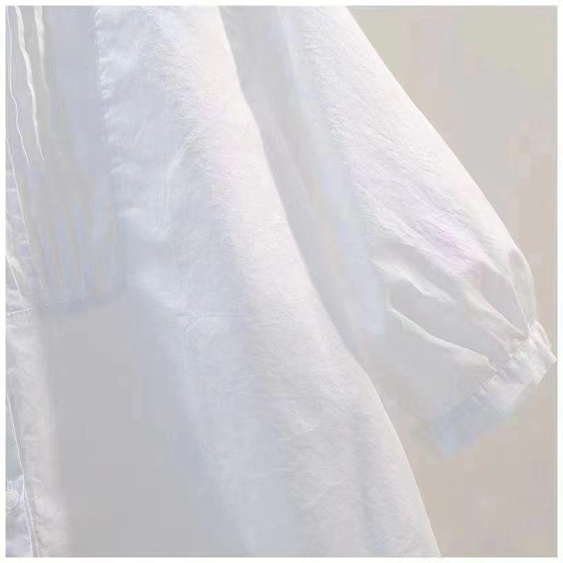 Korean Style White Cotton Shirt Women Summer Round Neck Casual Loose Fit Short Sleeve Top