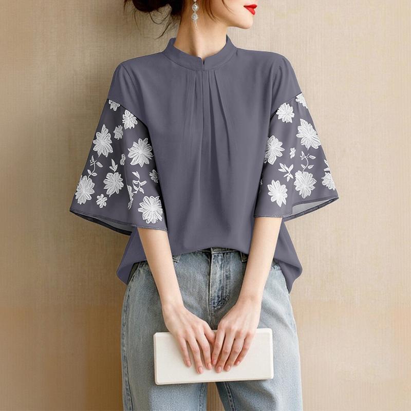 

ZANZEA Жіноча блузка кежуал з коротким рукавом та принтом, з коміром-стійкою L фіолетовий