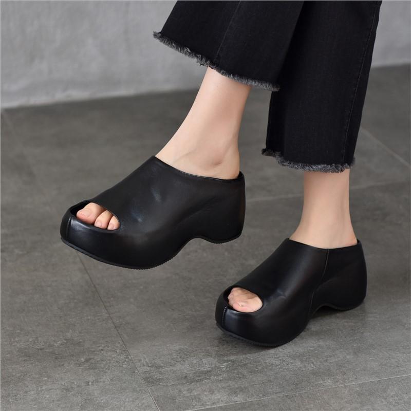 Johnature Genuine Leather Lightweight Thick Soled Peep Toe Slippers Versatile Wedge Heel Women's Slip-on Shoes