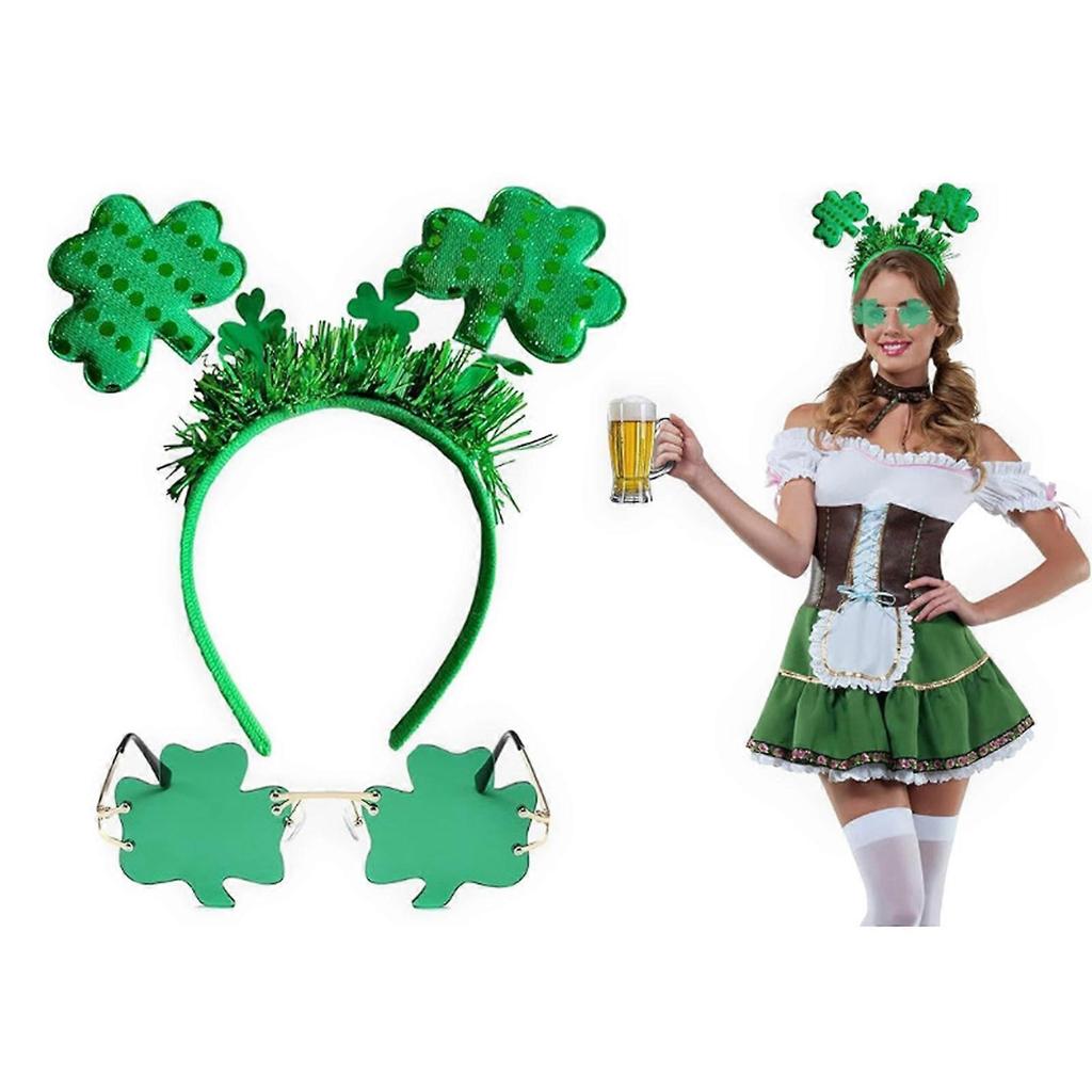 StPatrick Shamrocks Headband Glasses for Family Gathering Carnivals Party Props Headwear Traditional Irish Hairhoop 2PCS