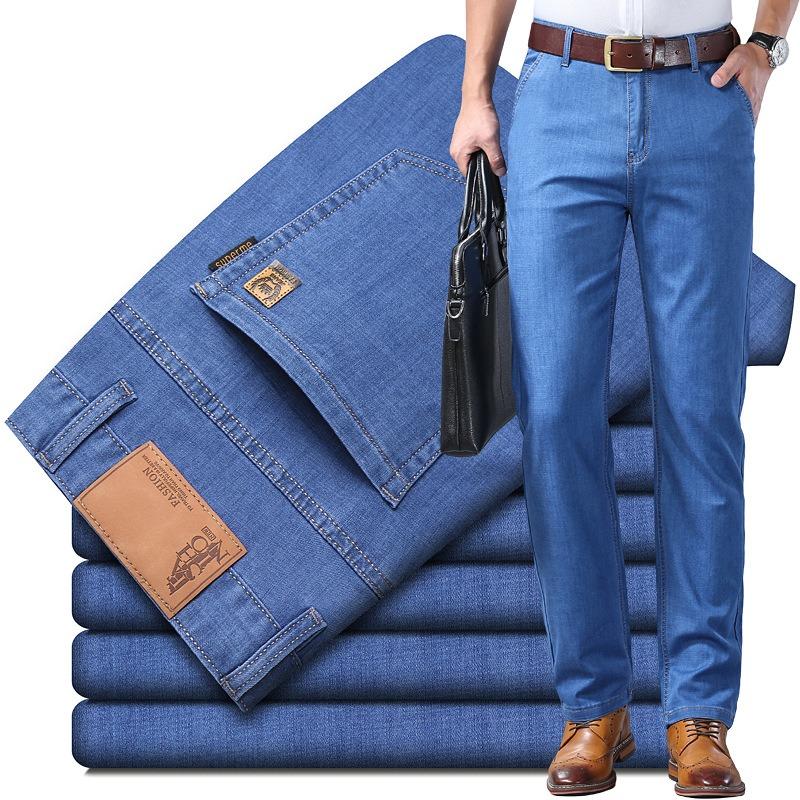 2026 Spring Summer Brand Men s Fit Straight Lightweight Cotton Stretch Denim Business Casual High Waist Thin Light Grey Jeans 29