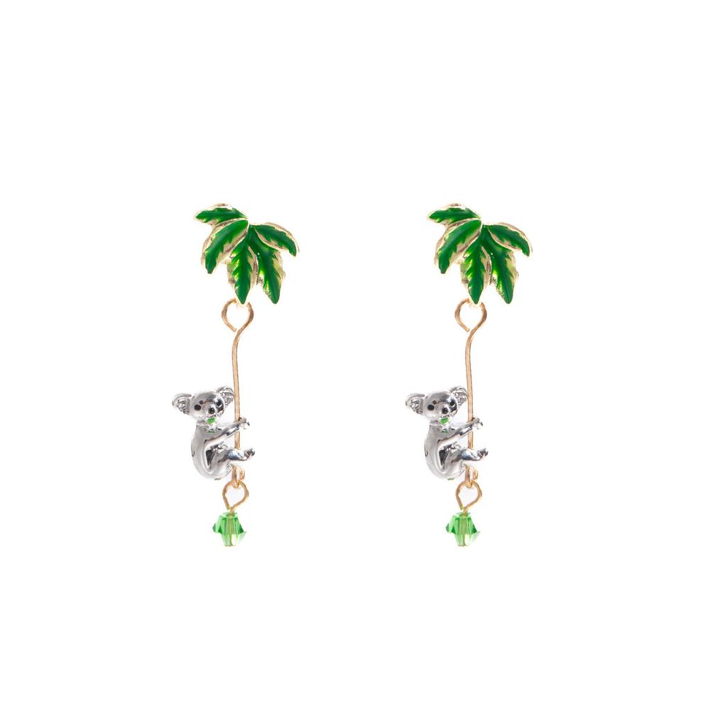 Fresh Mori Green Leaf Koala Fringed Earrings Niche Design Cute Temperament Earrings