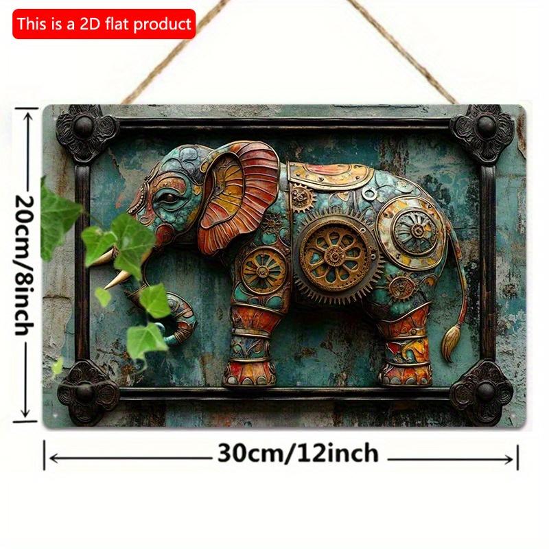 2D Flat Wooden Sign 30*20cm Steampunk Elephant Wooden Wall Art, Rustic Wooden Decorative Sign, Decorative Plaque for Home, Gym, Bathroom, Artistic