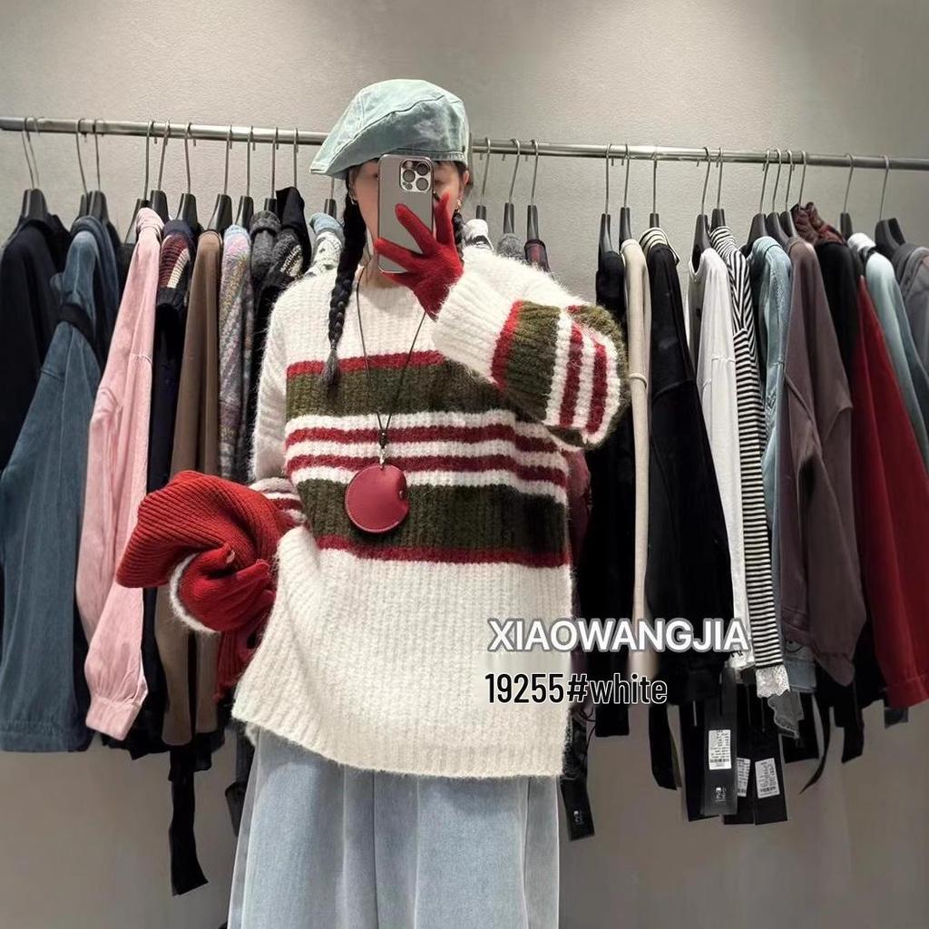 Xiao Wangs Winter Koreanischer Stil Übergröße Lässiger Colorblock Gestreifter Pullover
