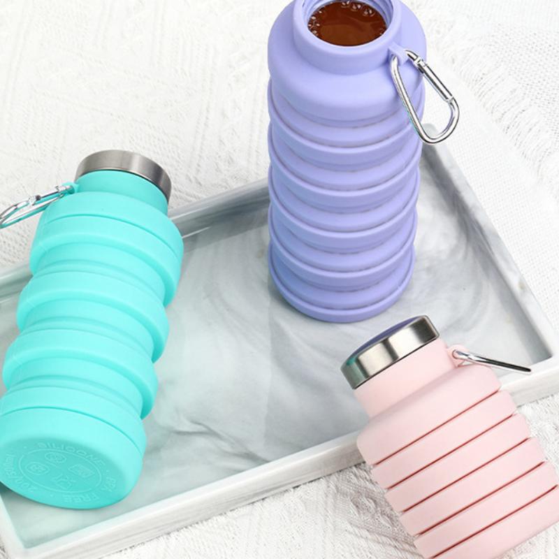 Personalized Round Foldable Water Bottle Custom Text Retractable Silicone Bottle Leakproof Lightweight for Travel Outdoor Sports