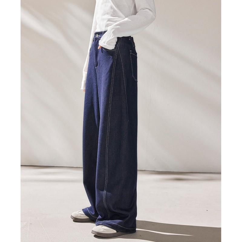 Womens High-Waisted Wide-Leg Denim Pants Retro Washed Cotton Blend Relaxed Fit Fall 2026
