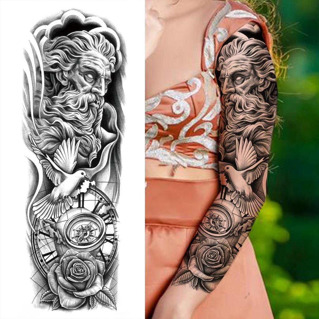 1 Sheet Full Arm Temporary Tattoos For Women Adults Men Spartan Warrior Realistic Fake Knight God Zeus Tattoo Sticker Fashion