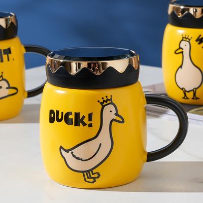 Cartoon Duck with Lid Mirror Cup Cute Animal Ceramic Cup Household Set Mug Couple Cup Gift
