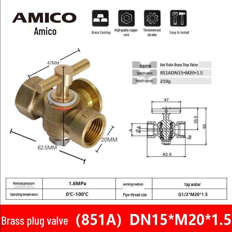 Ameikeo Brass Three-Way Plug Valve, Pressure Gauge, 4-Point Internal Thread Venting.