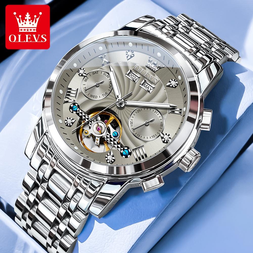 OLEVS Men's Watches Luxury Fashion Fine Steel Original Automatic Mechanical Watch for Man Flywheel Movement Calendar Waterproof