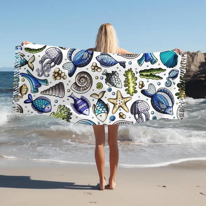 Cute Blue Pink Striped Starfish Seashell Beach Towel Soft Quick Dry Sand Resistant Absorbent Beach Blanket for Beach Summer
