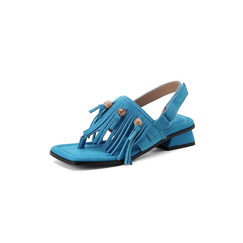 Fashion New Summer Sandals Cow Suede Women Shoes Square Toe Sandals for Women Fashion Flip-flops Tassels Sandals Handmade Chunky Heels