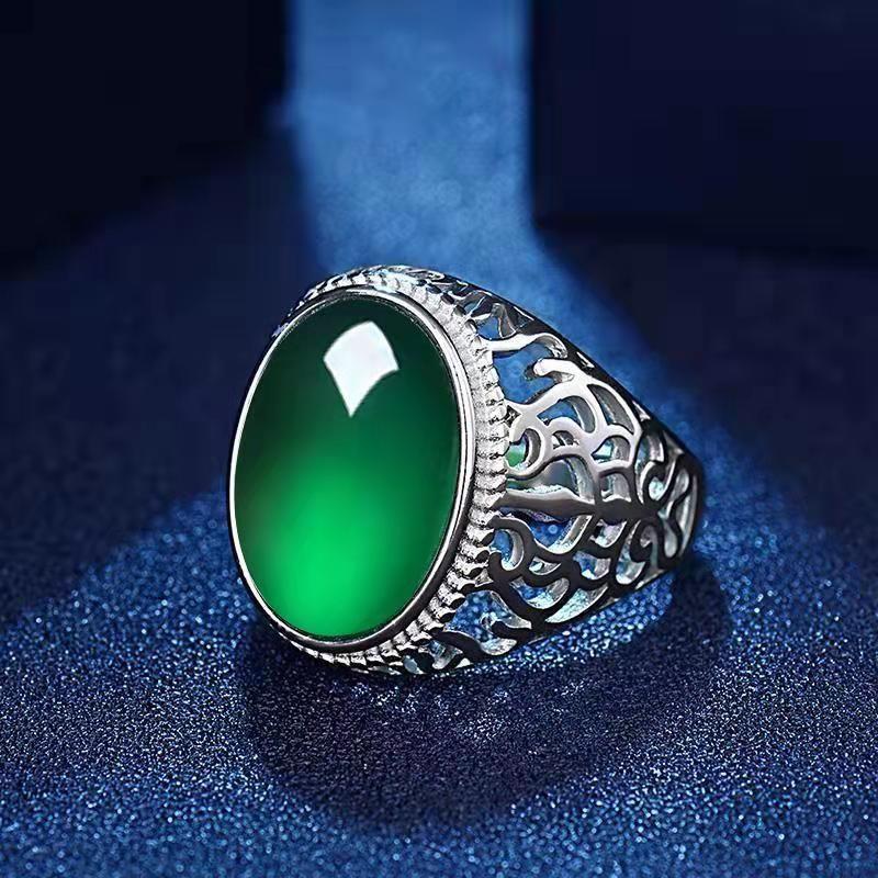Ethnic Hollow Imitation Green Agate Men Adjustable Ring