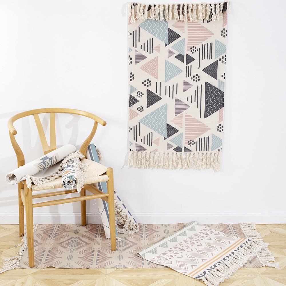 Hand Woven Cotton and Linen Tassel Floor Mat Bedroom Entrance Bedside Geometric Carpet Bathroom Floor Mat
