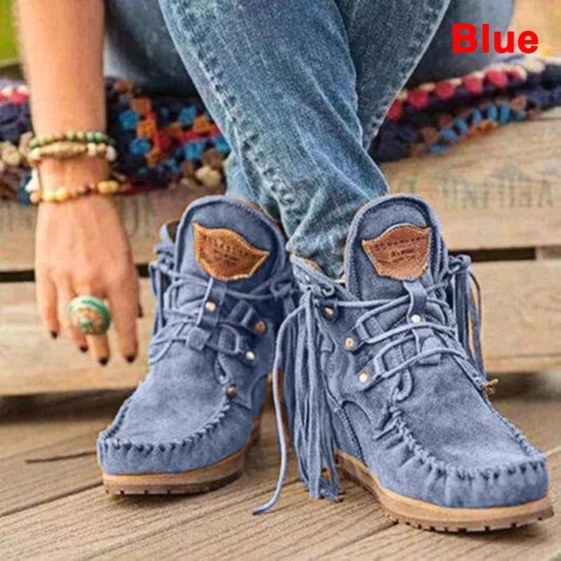 Fashion Faux Leather Tassel Boots for Women Short Platform Boots High Top Martin Boots Vintage Chunky Low Heel Short Boot Ankle Booties Flat Boots