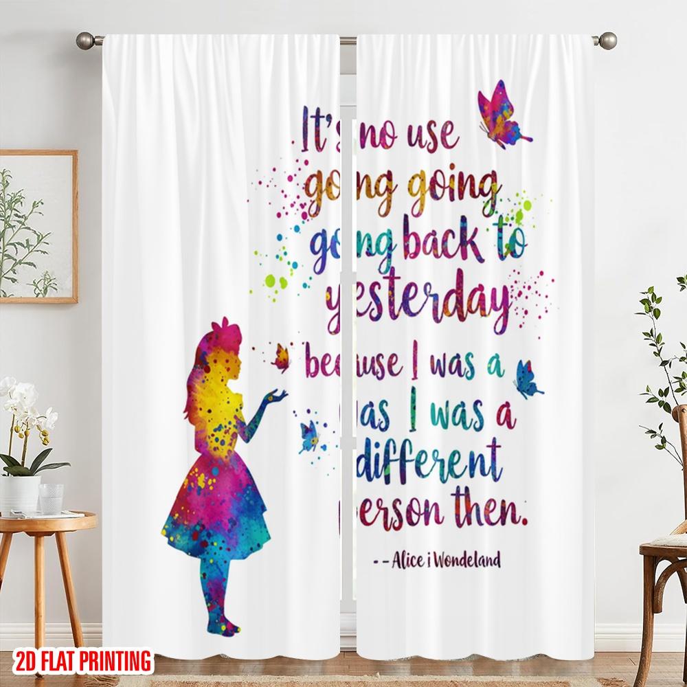 2pcs 2D Flat Printing Drapes Alice Watercolor Butterflies Quote Polyester Fabric Without Electricity Festive Holiday Perfect for