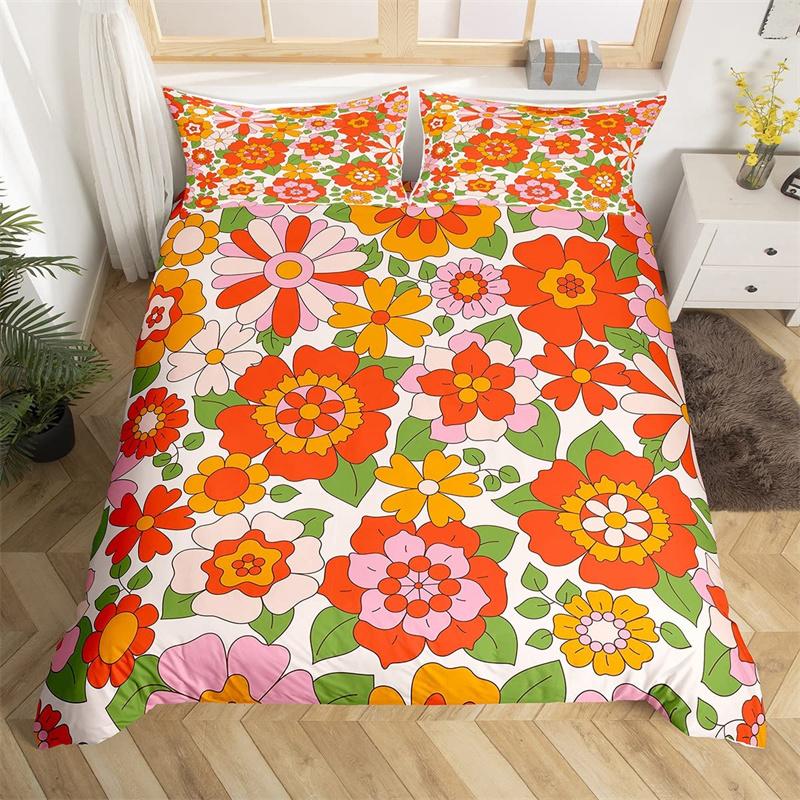 Retro Hippie Flower Duvet Cover Rainbow Floral Bedding Set Polyester Cartoon Ghost Comforter Cover Set 60S 70S Groovy Bedclothes