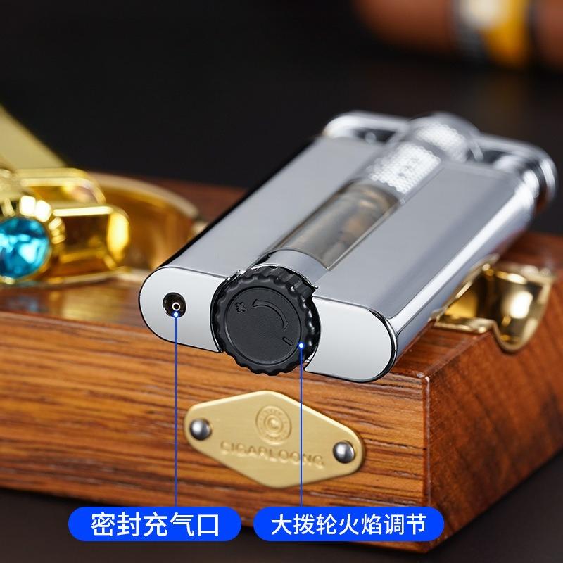 Windproof Diamond Studded Straight Forward Lighter Blue Flame Inflatable Lighter with Visible Gas LED Light Gift for Boys