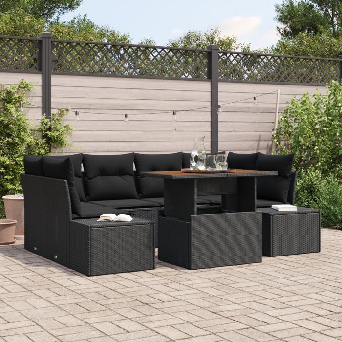 VidaXL Ensemble de salle à manger de jardin 7 pièces avec coussins en poly rattan noir et acacia 3349918