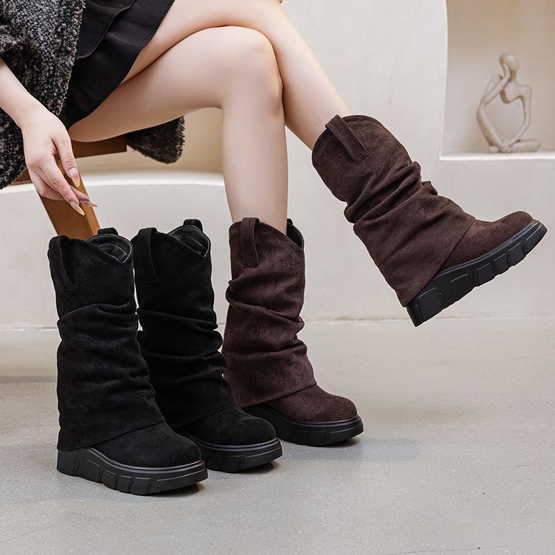 Pile Boots Women's 2025 Autumn and Winter New Short Boots Women's Height Increase Thin Women's Boots Fashion Design Sense Medium Tube Maillard