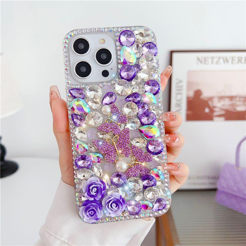 Applicable Iphone17Promax Mobile Phone Case Apple 15 Butterfly 14 Pearl 13 Rhinestone Rose Luxury Hard Case