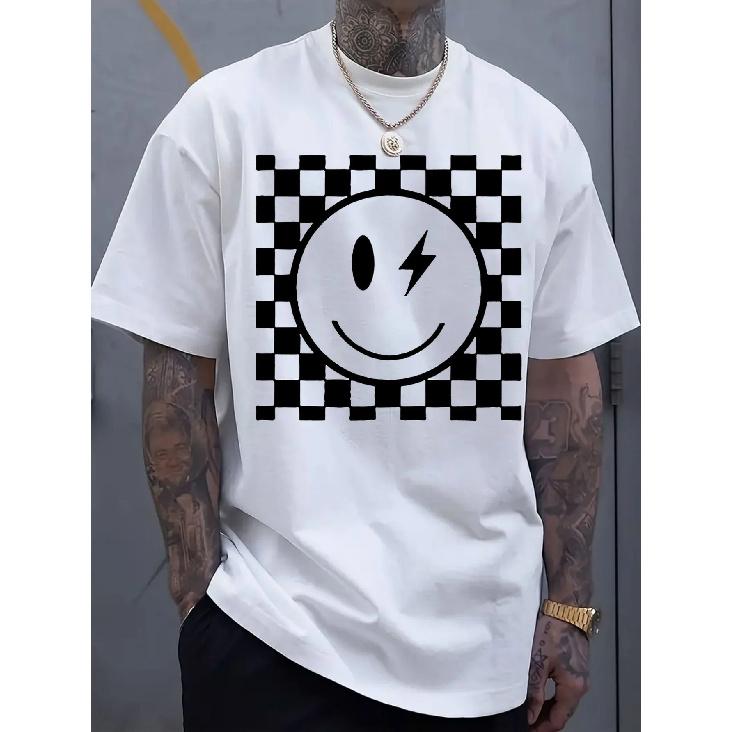 Men s Fashionable Checkered Pattern and Smiling Face Pattern Printed T-shirt, Soft Round Neck, Comfortable Fit, cotton Fabric, Men s T-shirt, Summer S белый