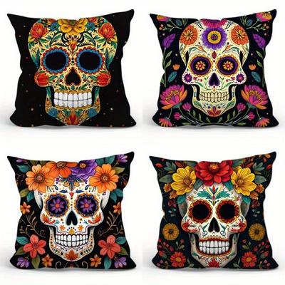 Halloween Sugar Skull-Printed Decorative Pillowcases: Colorful and Festive Sofa Cushion Cover Holiday Party Decoration Gift