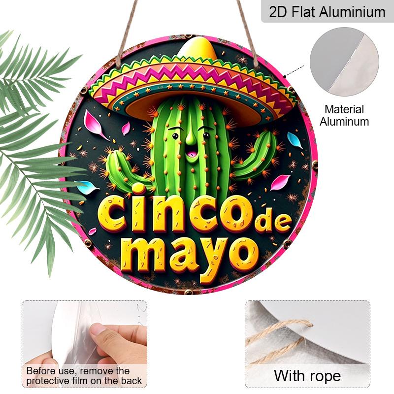 2D Flat, 1pc Cinco De Mayo Round Aluminum Sign, Holiday Spirit Metal Sign - Festive Celebrations Rustic Metal Wall Art, Cactus Character for Party