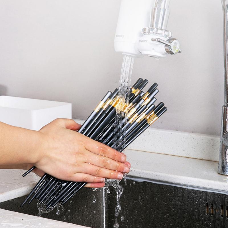10 Pairs Household Antibacterial And Anti-Mold Alloy Chopsticks With Gold Pattern Non Slip And Heat Resistant For Home Kitchen