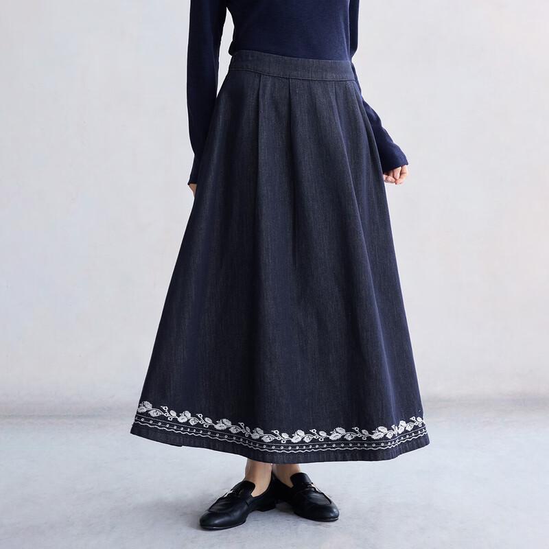 INMAN Lyocell Embroidered A-Line Denim Midi Skirt L