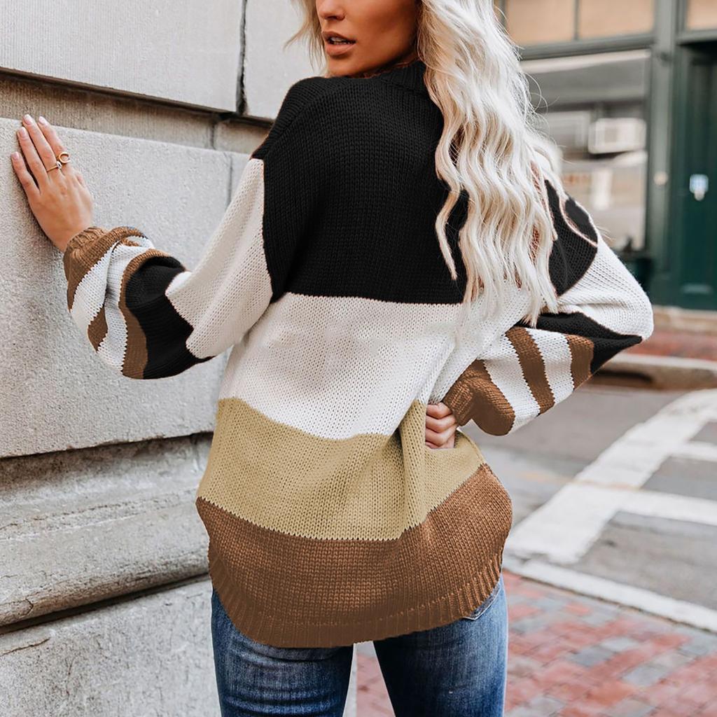Women's Casual Loose Color Blocking Stripes Large Yards Round Neck Sweater
