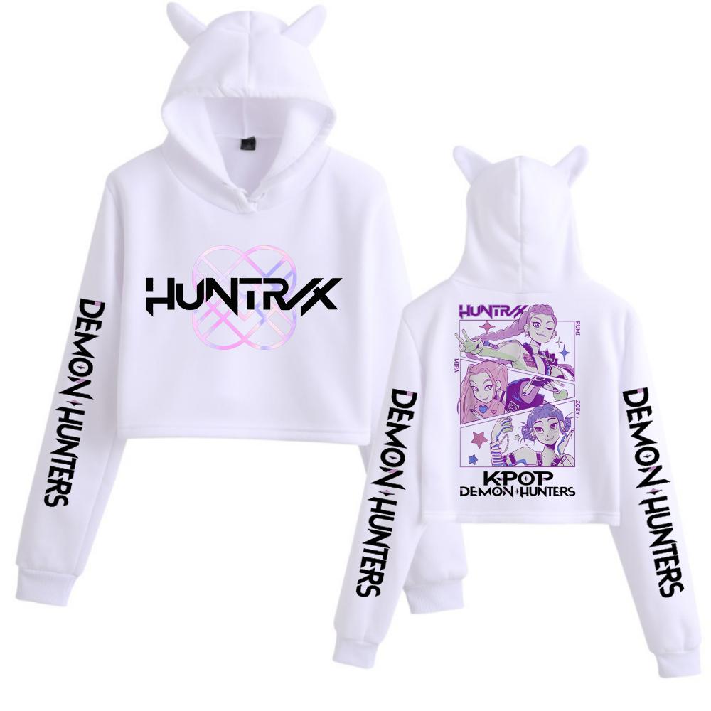 Kpop Demon Hunters Crop Tops Cat Ears Sweatshirt Long Sleeve Girls Fashion Hoodie