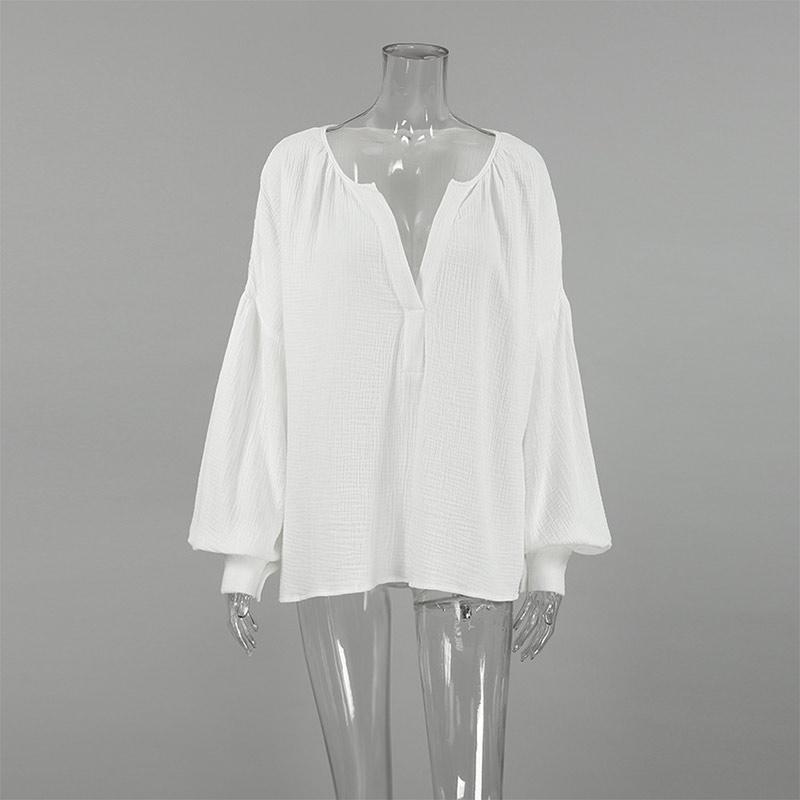 Mode V-Ausschnitt Einfarbig Blusen Frauen Loose Fit Laterne Ärmel Tops Casual Baumwolle Krepp Shirt Frühling Herbst Pendeln Harajuku Stil