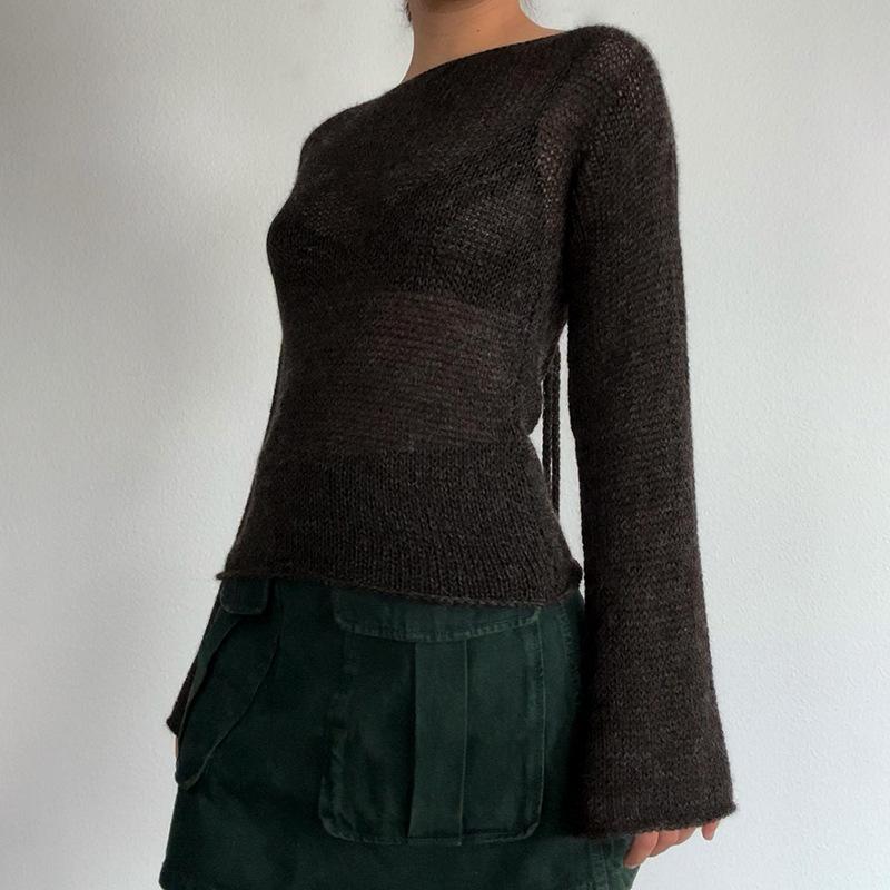 Mode Damen T-Shirt zum Binden am Rücken Pullover Langärmlig U-Boot-Ausschnitt Einfarbig Gestrickter Pullover Lässiges Oberteil